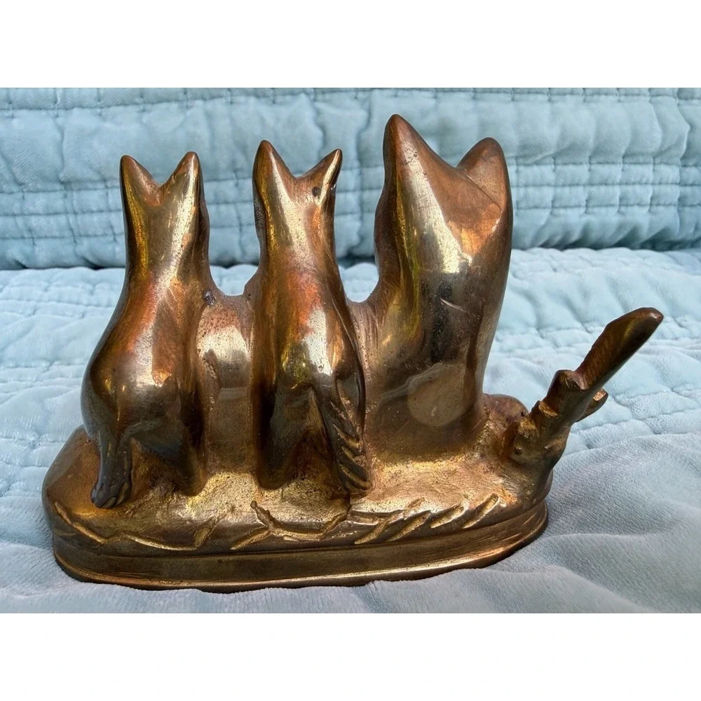 Vintage H.B. Product Cast Brass Fox Figurine Mother with Two Babies Kits Statue
